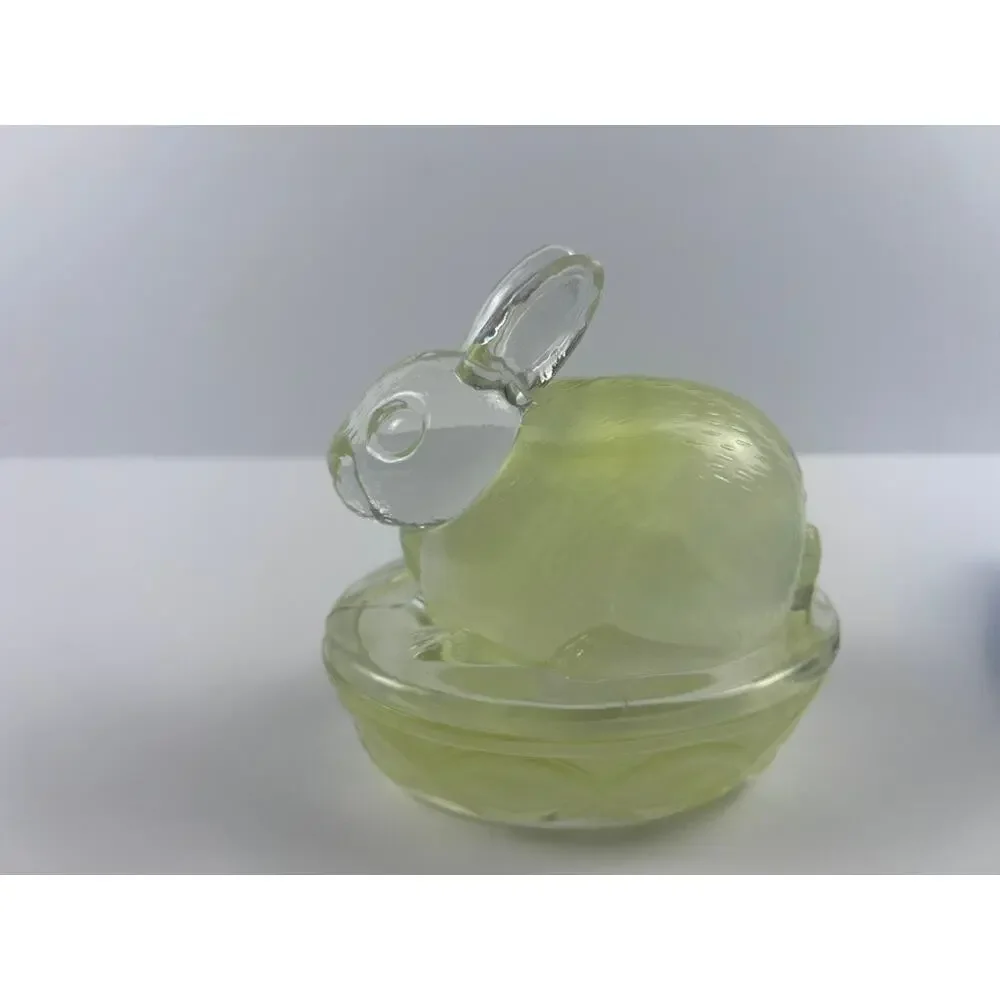 Yellow Rabbit Vanity Trinket Jewelry Storage Dish Bowl Glass Lidded Bunny